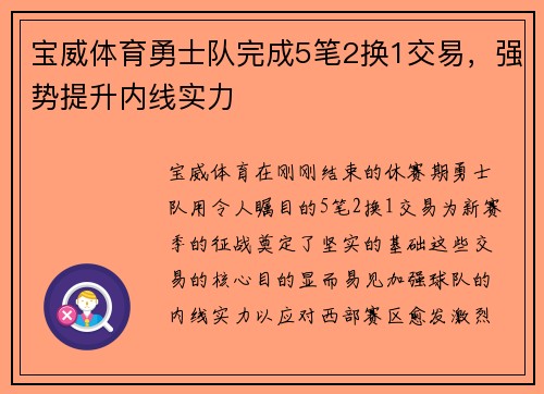 宝威体育勇士队完成5笔2换1交易，强势提升内线实力