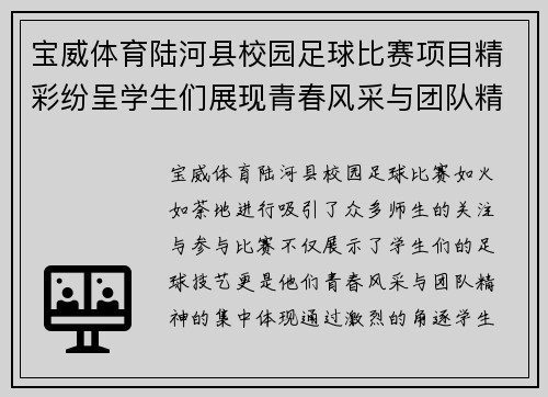 宝威体育陆河县校园足球比赛项目精彩纷呈学生们展现青春风采与团队精神