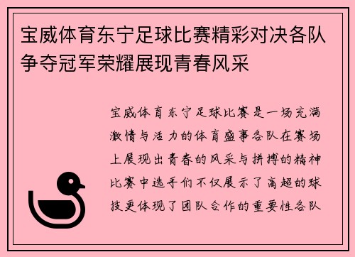 宝威体育东宁足球比赛精彩对决各队争夺冠军荣耀展现青春风采