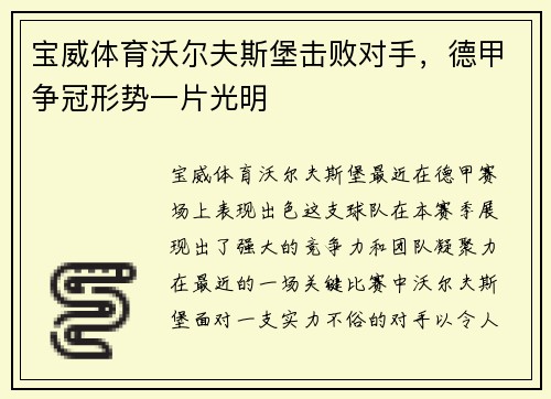 宝威体育沃尔夫斯堡击败对手，德甲争冠形势一片光明