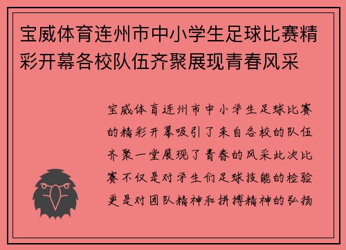 宝威体育连州市中小学生足球比赛精彩开幕各校队伍齐聚展现青春风采