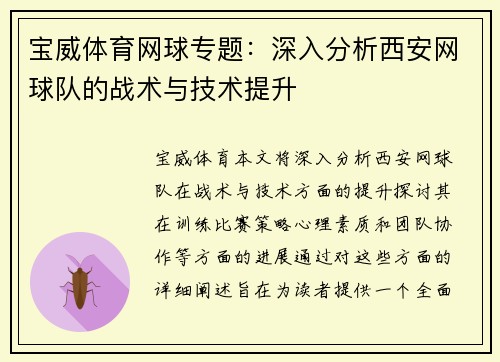 宝威体育网球专题：深入分析西安网球队的战术与技术提升