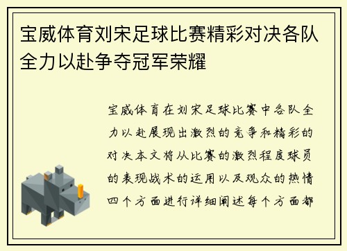 宝威体育刘宋足球比赛精彩对决各队全力以赴争夺冠军荣耀